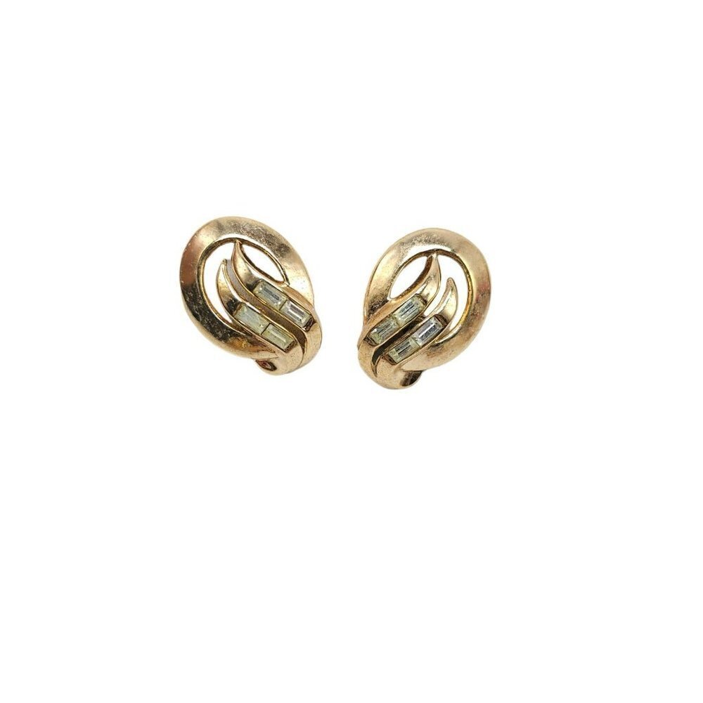 Trifari Pat Pend Clear Crystal Gold Tone Clip On Earrings Vintage Pat Pending